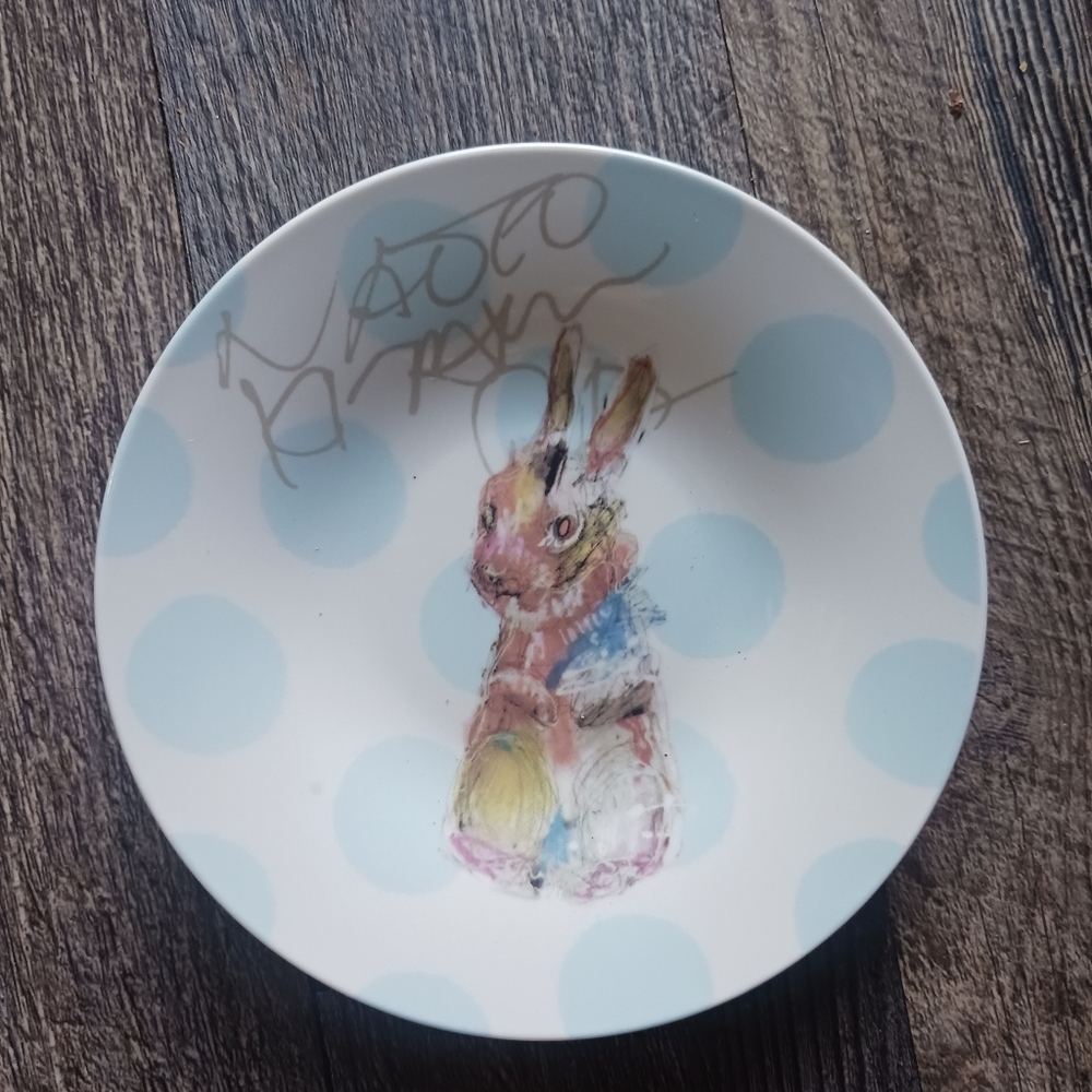 Naoto Kitamura Rabbit Plate Signed 6 Inches Jonathan Rare Light Blue Circles  F1